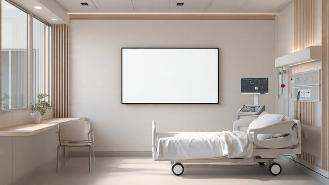 Modern hospital room mockup with blank frame on wall and medical bed in minimalist clinic interior wide angle horizontal 3D rendering