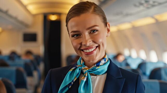 Professional flight attendant smiling in blue uniform and silk scarf inside an airplane cabin, ideal for travel industry marketing and airline service promotions.