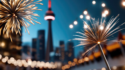Naklejka premium Canada Day Canada Day celebrations lighting up the Toronto skyline with dazzling fireworks and a glowing sparkler against the iconic CN Tower