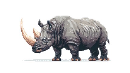 Obraz premium Pixel art illustration of a powerful rhinoceros with long horn.