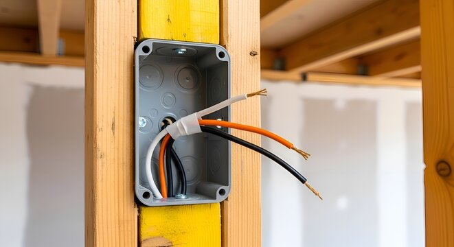 Exposed electrical wires in a wooden stud wall with metal outlet box yellow tape