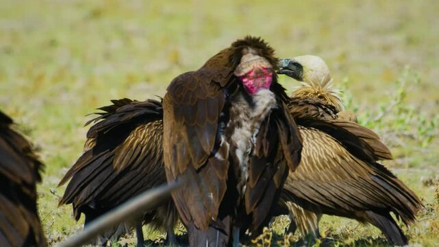 A lappet-faced vulture or Nubian vulture (Torgos tracheliotos ) primping or Preening her feathers.