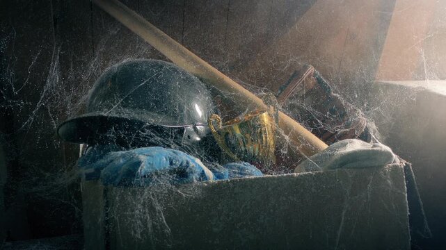 Old Box Of Baseball Items In Attic With Dust And Cobwebs