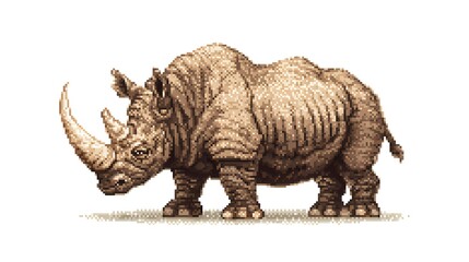Fototapeta premium Pixel art illustration of a powerful rhinoceros with long horn.