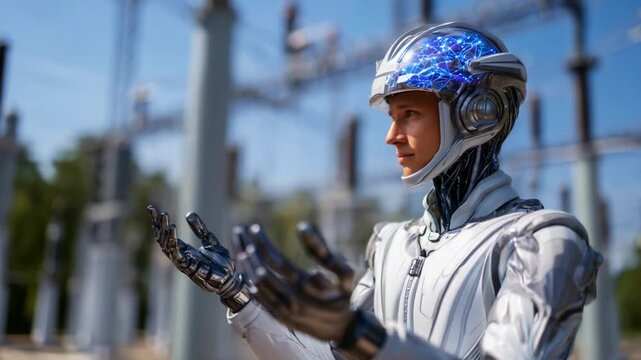Futuristic Robot with Illuminated Brain Engaged in a Thoughtful Pose Amidst Industrial Power Infrastructure