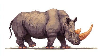 Fototapeta premium Pixel art illustration of a powerful rhinoceros with long horn.