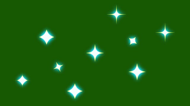 Twinkling stars animation, twinkle star glitter sparkle, white cartoon blinking stars, flat vector doodle sparkle, glowing light trails, 2D shining twinkle effect on green screen background. 4k video