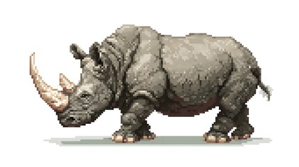 Fototapeta premium Pixel art illustration of a powerful rhinoceros with long horn.