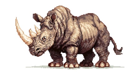 Fototapeta premium Pixel art illustration of a powerful rhinoceros with long horn.