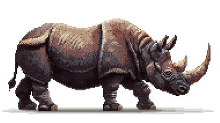 Fototapeta premium Pixel art illustration of a powerful rhinoceros with long horn.