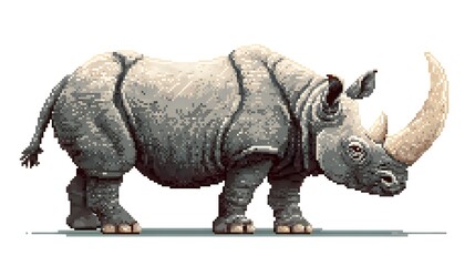 Fototapeta premium Pixel art illustration of a powerful rhinoceros with long horn.