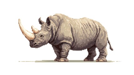 Fototapeta premium Pixel art illustration of a powerful rhinoceros with long horn.