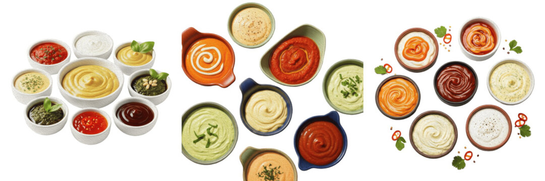 Assortment of various gourmet sauces dips and spreads in ceramic bowls isolated on white background.