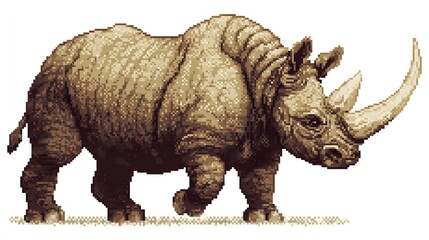 Fototapeta premium Pixel art illustration of a powerful rhinoceros with long horn.
