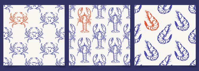 Mediterranean pattern set with crabs, lobsters, shrimp and fish in blue and orange on white background. Coastal seafood collection with repeating marine motifs for fabric, wrapping paper and prints. © Danchenko