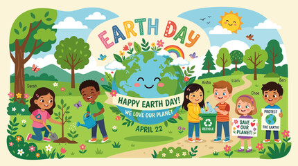 Naklejka premium Earth Day celebration with diverse children.