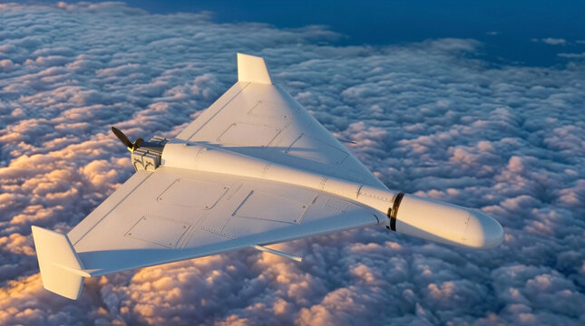 Tactical loitering munition flying above clouds at sunset. Unmanned attack drone with delta-wing design performing autonomous mission during golden hour.