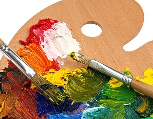 Obraz premium Vibrant artist's palette with an array of colorful paint strokes and two paintbrushes, showing dynamic texture