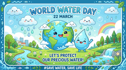 Naklejka premium World Water Day illustration with cartoon Earth and water drop characters.