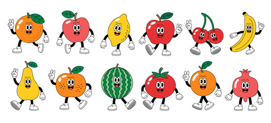Fototapeta premium Cute Dancing Fruit Characters Cartoon Set – Fun Healthy Food Illustrations