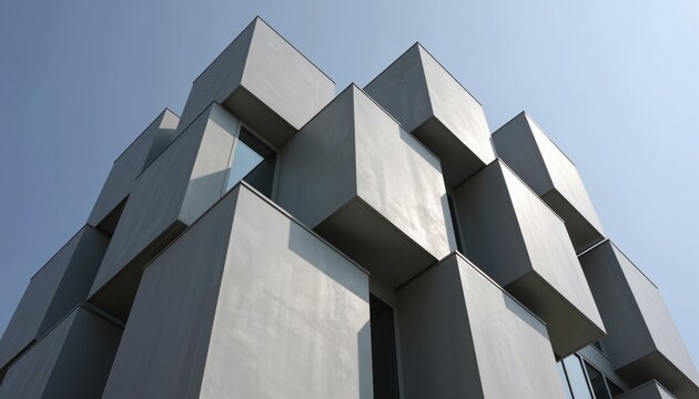 Modern Geometric Architecture Building with Cubic Design Against Clear Blue Sky