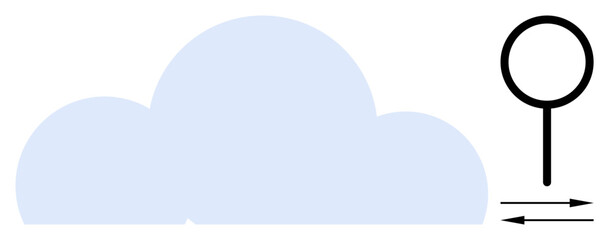 Cloud technology, digital analysis, data management, information storage, online research, connectivity. Simplified cloud shape with a magnifying glass icon showing double arrows. Cloud computing © robu_s