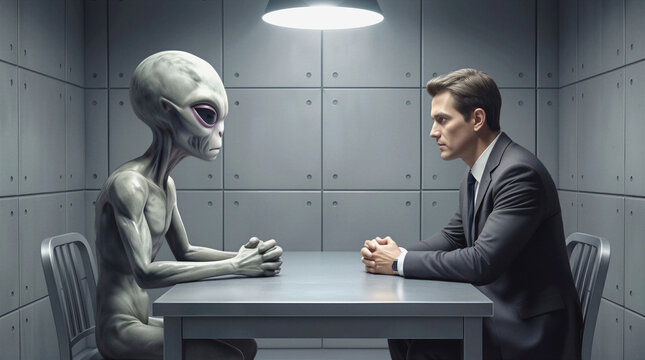 Government official conducting interrogation of grey alien in high-security facility. Secret meeting between human and extraterrestrial in sterile interview room.