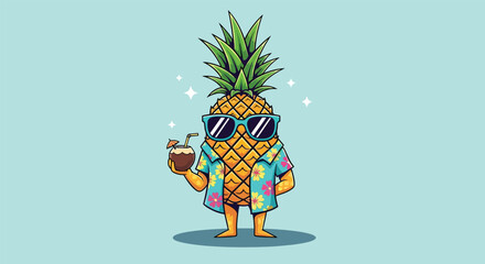 Cool Pineapple Character Wearing Sunglasses and Hawaiian Shirt. © NFS Studio