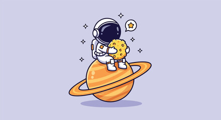 Cute Astronaut Eating Cookie While Sitting on Saturn Planet Cartoon Vector. © NFS Studio