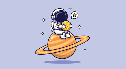 Cute Astronaut Hugging Moon Sitting on Saturn Illustration. © NFS Studio
