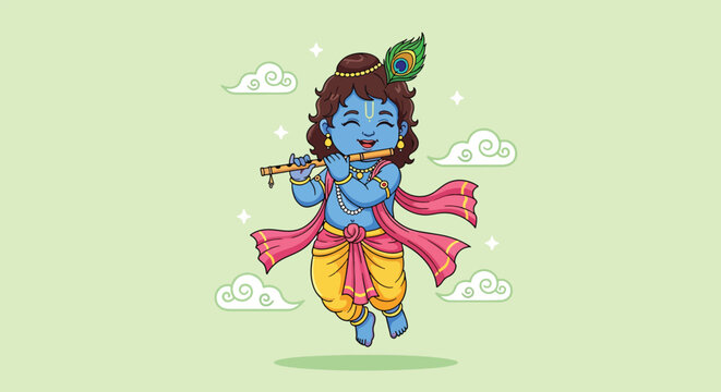 Cute Little Krishna Playing Flute Cartoon Illustration.