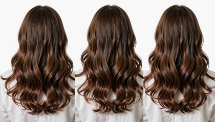 Fototapeta premium Beautiful Long Wavy Brown Hair from Behind on White Background - Perfect for Beauty, Fashion & Hair Care Content