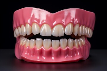 Obraz premium Full upper and lower dentures present a healthy, complete smile on a black background