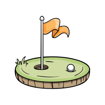 Cartoon golf hole with flag and ball on green turf cartoon style illustration