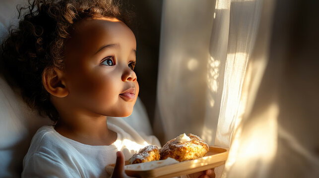 Adorable toddler holding a tray with sweet scones, looking expectantly out a window, sunlight illuminating curly hair, celebrating a happy morning breakfast or special family occasion