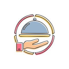Fototapeta premium A stylized icon of a hand offering a covered dish within a circular frame