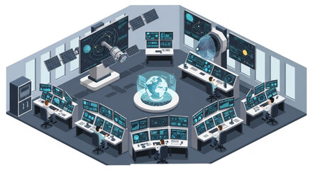 Obraz premium Isometric Control Room with Advanced Technology and Global Monitoring.