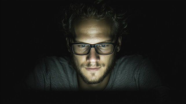 Portrait of bearded man wearing glasses in dark lighting, looking directly at camera with subtle smile. Professional headshot with dramatic low-key lighting against black background.