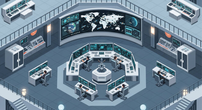Isometric Control Room - A High-Tech Command Center Illustration.