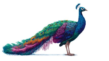 Fototapeta premium Vibrant Blue Peacock with Long Green Tail Isolated on White