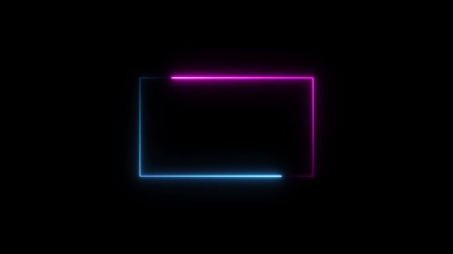 Glowing neon square frame animation. luminous banner animation. blue and red color neon box icon. Neon Figure On Black Background. 4k video..