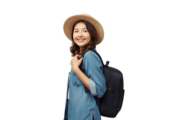 Fototapeta premium Smiling young asian woman traveler carrying backpack