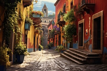 Fototapeta premium Old street winding through traditional town showing vibrant architecture, potted plants, and steps