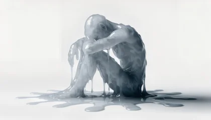 Plexiglas schilderij Abstracte kunst Abstract human figure sitting in a puddle of liquid on white background    © Анна Ясониди