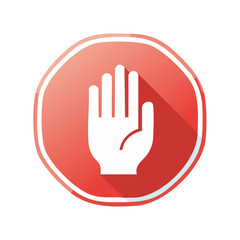 Obraz premium White open hand symbol inside a red stop circle icon with long shadow effect