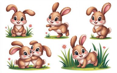 Obraz premium Cute cartoon bunny collection, set of 5 adorable brown rabbit characters in various poses, sweet woodland animal stickers for nursery decor
