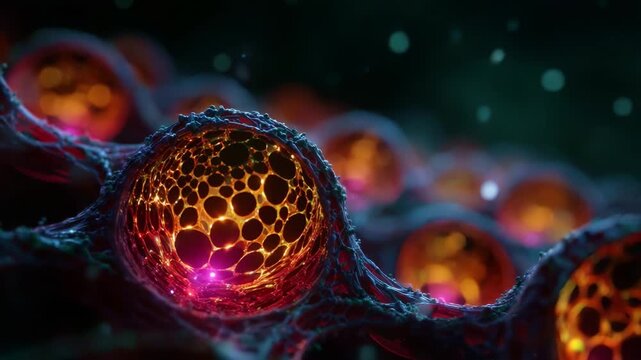 A Stunning View of Microscale Structures: Vibrant, Glowing Cells Under Microscopic Observation, Showcasing Complex Patterns and Intricate Details in Neon Colors.