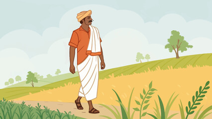 Fototapeta premium An Indian farmer walks through a serene rural landscape with fields and trees under a cloudy sky