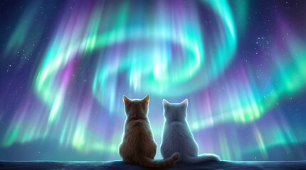 Fototapeta premium Feline companions watching aurora borealis in night sky. Two cats sitting together observing vibrant northern lights and stars.