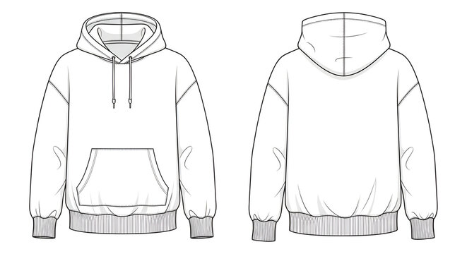 Blank Pullover Hoodie Technical Sketch Template Front and Back Views